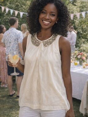 Neiman Marcus Cream Sleeveless Beaded Collar Camisole